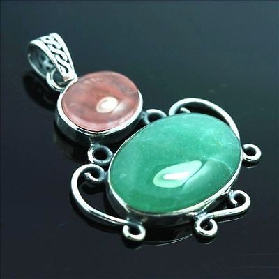   GREEN JASPER & CHERRY CRYSTAL SILVER PENDANT FOR NECKLACE JEWELRY