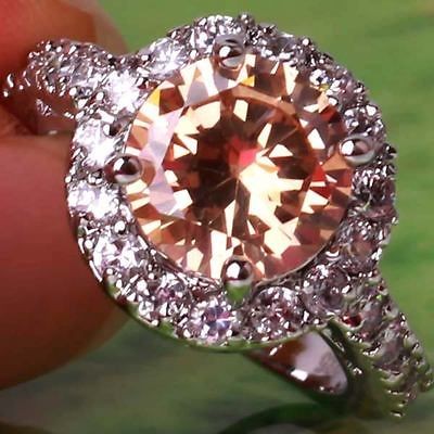   Morganite & White topaz Gemstone Silver Ring Size 6 7 8 9 Free Ship