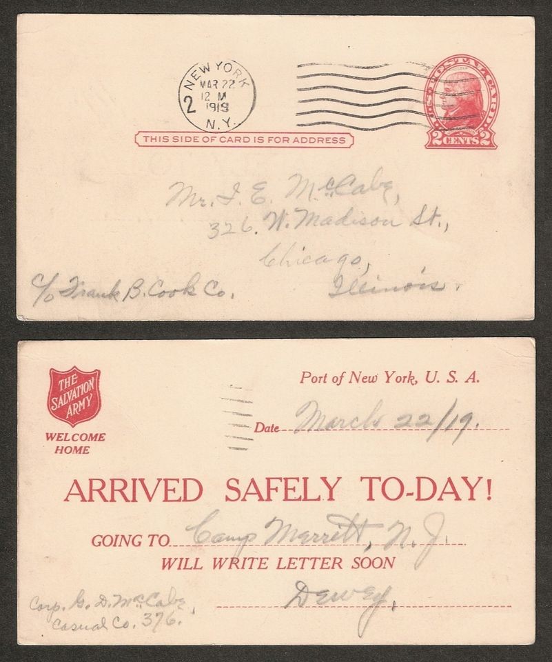 1919 New York Salvation Army Safe Arrival #UX30 PC