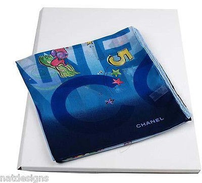   New Auth CHANEL Silk Scarf Space Lipstick Perfume Patrn Blue #5 stars