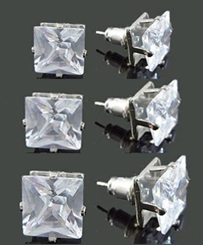 3pair W square diamond cut CZ mens stud earrings silver