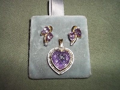 14 K 1/2 IN AMETHYST EARRINGS W/ DIAMOND AND AMETHYST HEART PENDANT 