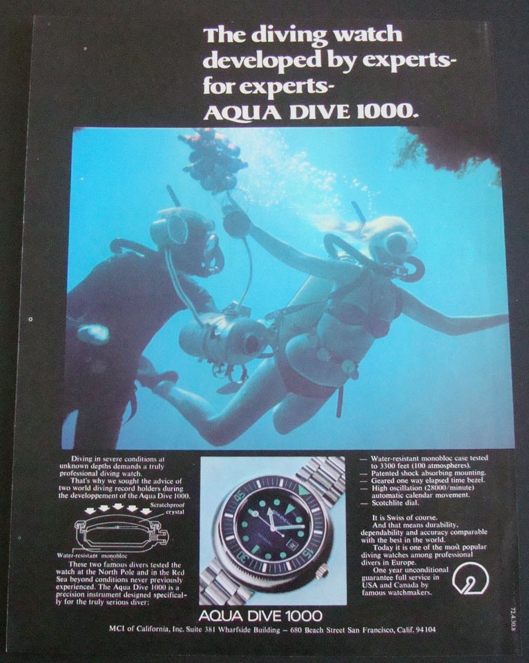 1972 AQUADIVE 100 DIVING DIVER SCUBA SKIN DIVE WATCH AD DEEP SEA 