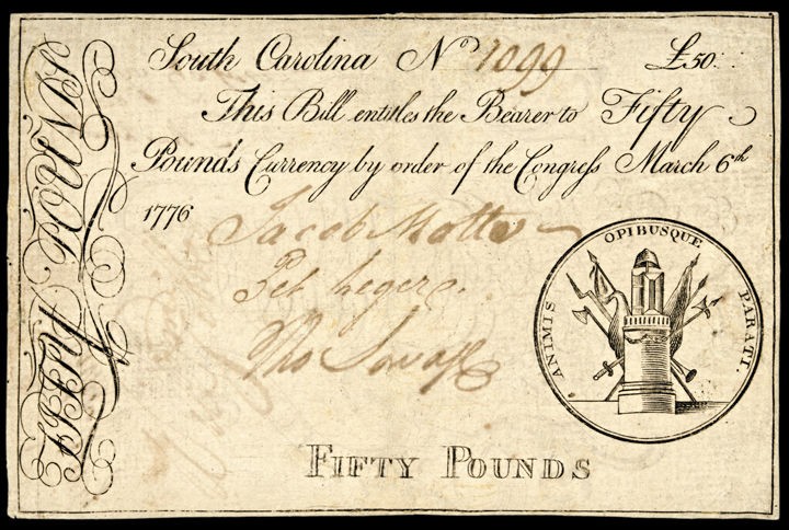 Colonial Currency, SC March 6, 1776, 50 Pound Note