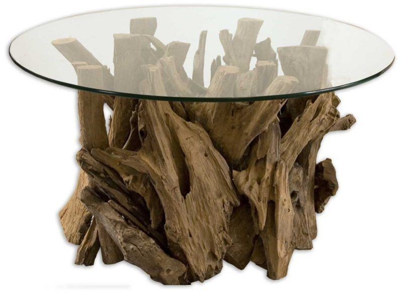 Teak Driftwood Wood Glass Top Coffee Cocktail Table