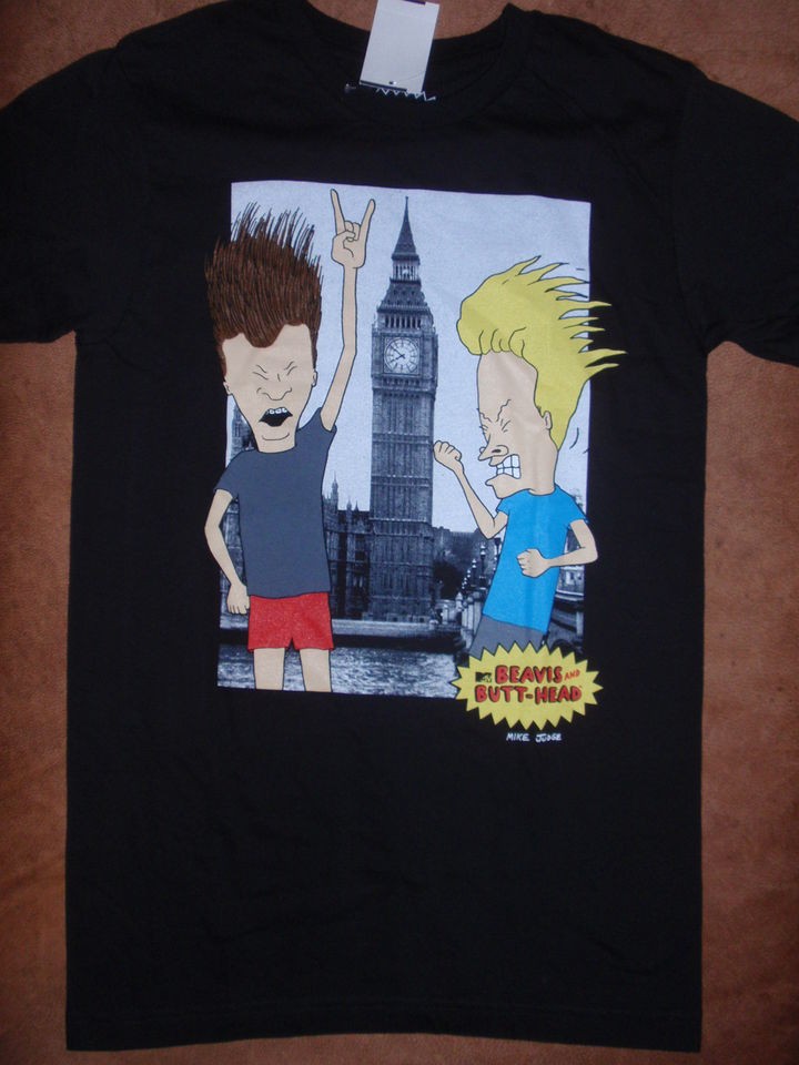 Mens Beavis and Butthead Big Ben Clock Air Guitar T Shirt New with 