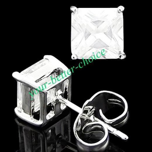   white Gold GP Men Princess Square Clear Black CZ stone Stud Earring