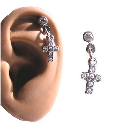   Steel Ear Cartilage Piercing Earring Ring Cross CZ 18 Gauge 18G