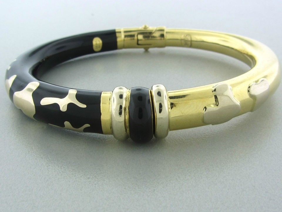 SOHO 18K YELLOW GOLD LEOPARD PRINT ENAMEL BANGLE BRACELET