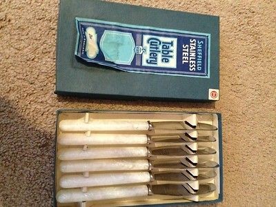 Cutlery of Sheffield Set of 6 Knives w Box. Beautiful Handles Rustfri 