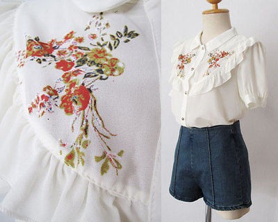   SHEER cream grunge FLORAL shirt Blouse PETER PAN HIPPIE TOP boho XS S