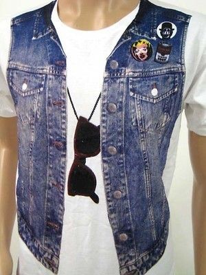 FUNNY T SHIRT SLEEVELESS JACKET JEAN WITH SUNGLASSES ROCK BIKER 