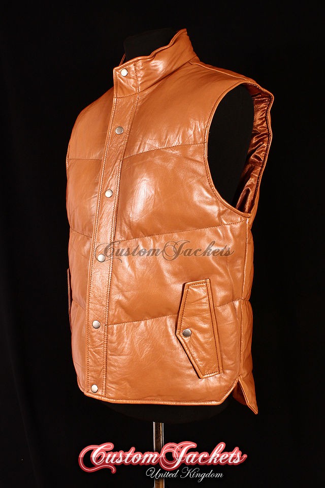 Mens EVEREST PUFFER Tan Down Sleeveless Lambskin Leather Gilet Vest 