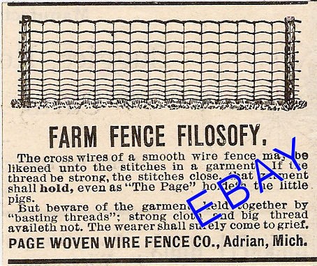 1894 PAGE WOVEN WIRE FARM FENCE AD HOG WIRE ADRIAN MI