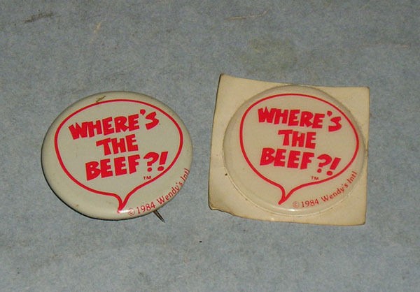 Vintage 1984 Wendys Fast Food Wheres The Beef? Pinback & Puffy 