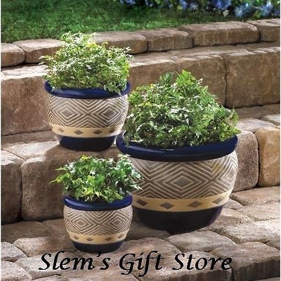 cobalt planter pots set of 3 blue plants flowers abstract ceramic 