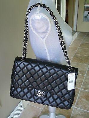 Chanel Black Silver Lambskin Maxi Classic Flap Bag