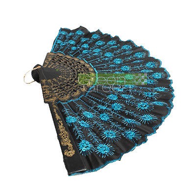   Fabric Hand Held Fan Xmas Party Dancing Wedding Fan Blue Sequins Black