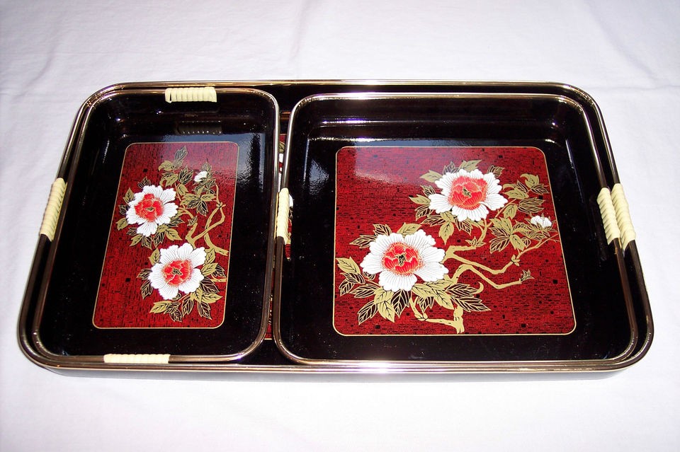   Set 3 Black Lacquer Nested Serving Trays Floral Design   Japan