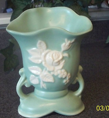 VINTAGE WELLER ART POTTERY~~GREEN HANDLED VASE with WHITE ROSES~~NICE