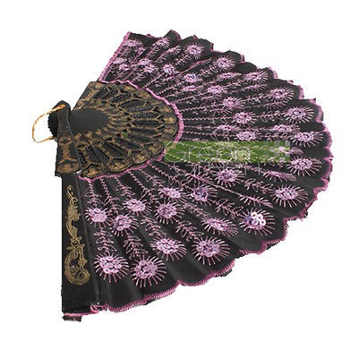   Fabric Hand Held Fan Xmas Party Dancing Wedding Fan Pink Sequins Black