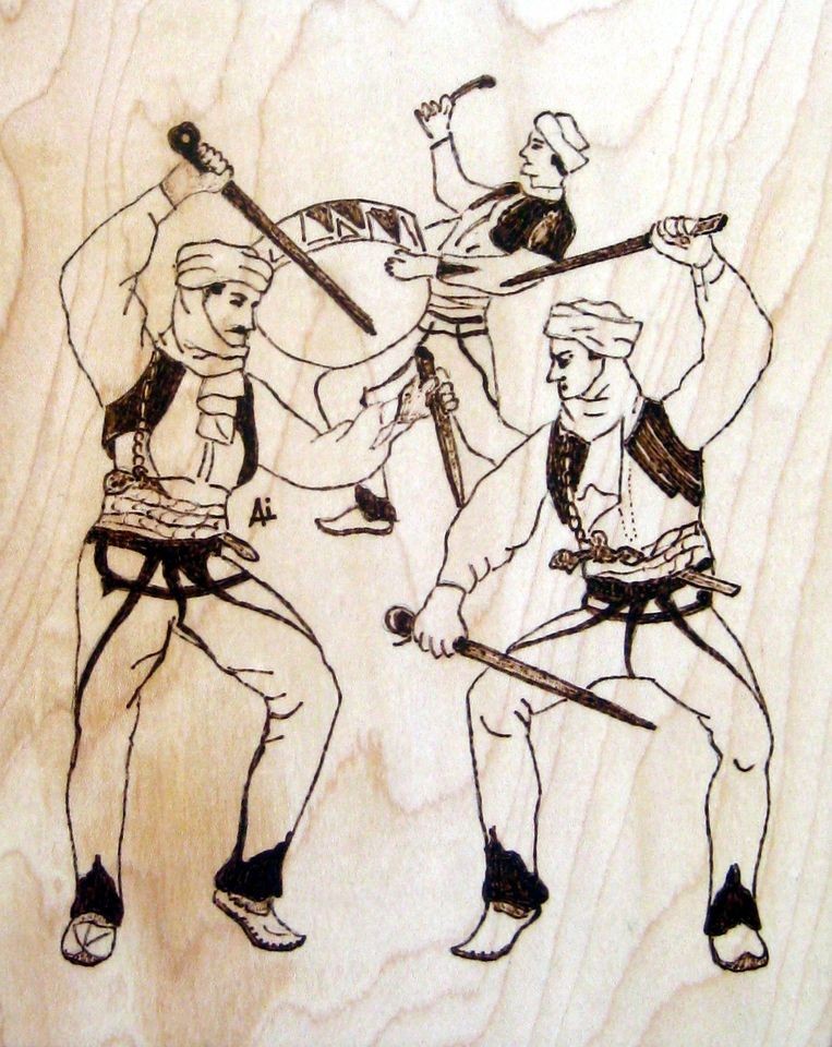 Albanian Art Men dancing in ethnic costumes and swords Pyrography