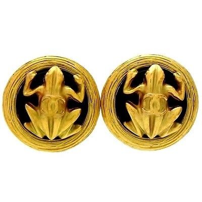 Authentic vintage Chanel earrings quilted round CC logo black COCO # 