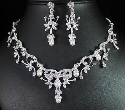   CLEAR AUSTRIAN RHINESTONE PEARL NECKLACE EARRINGS SET BRIDAL N1384