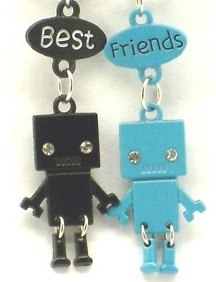   Best Friend Robot Charm 2 Pendant 2 Necklace Blue/Black BFF Friendship