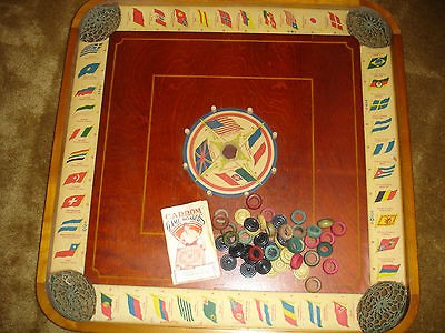 Old CARROM Game Board Archarena Flags of the World,+ game pieces 