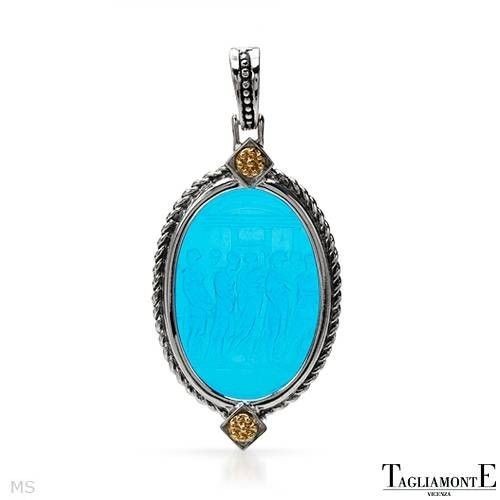   925 STERLING SILVER 14K GOLD BLUE VENETIAN GLASS NECKLACE PENDANT