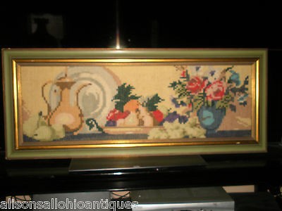   Needlepoint Crosstitch Panel Table Scene Fruit Bottle Egypt 1974