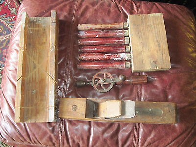 Antique 10 pc Woodworking Tool Set LARGE Plane Drill 6 Chisels Set 