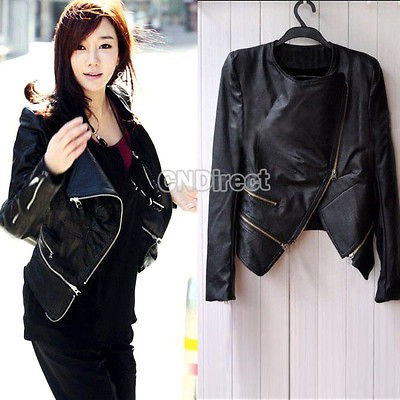 Hot New Womens Leisure Black Beige Faux Leather PU Zip Slim Jacket 