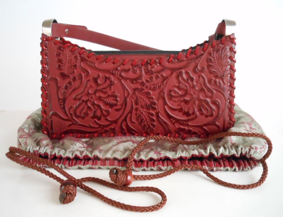 KENZO SHOULDERBAG PURSE BURGUNDY WHIPSTICHED TOOLED LEATHER BAG