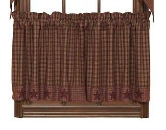 pr Burgundy Applique Star Plaid Lined Tiers 72x 24 Window Decor