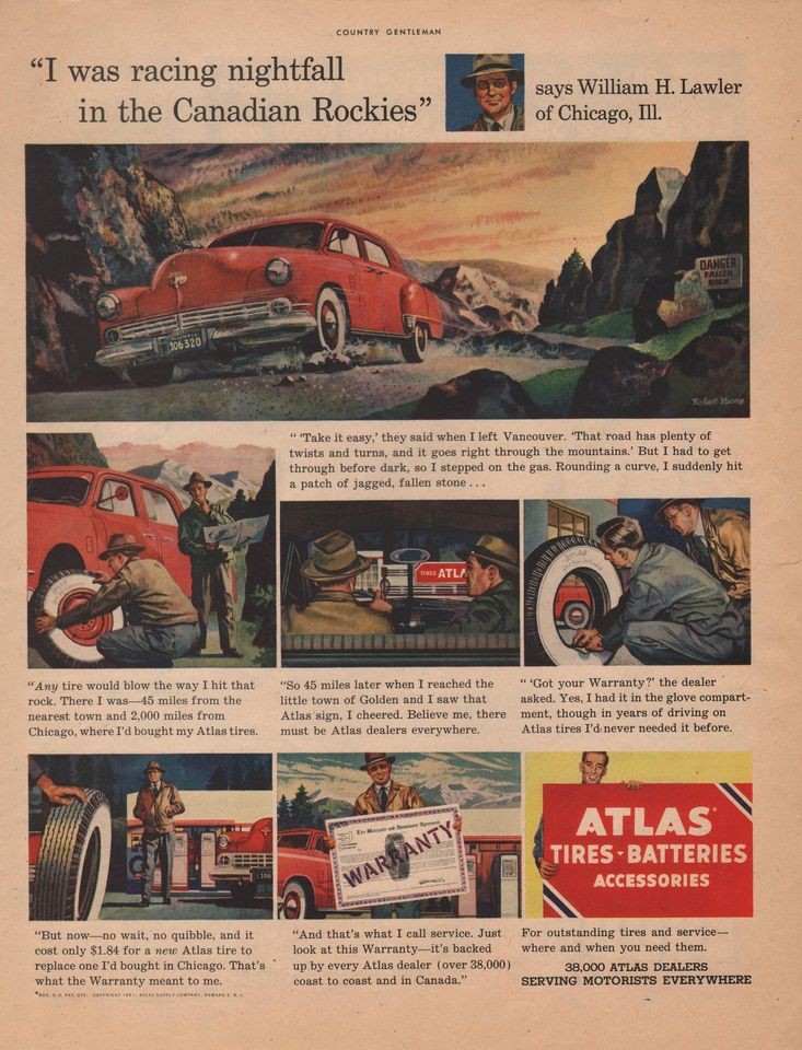 1951 VINTAGE ATLAS TIRES BATTERIES ACCESSORIES I WAS RACING NIGHTFALL 