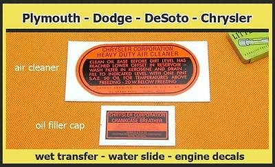 1940s Chrysler Plymouth DeSoto Dodge Truck Mopar Engine Decals 1950s