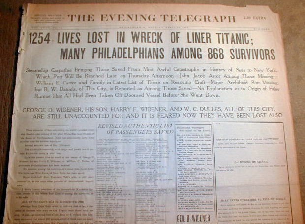 Orig 4 16 1912 Philadelphia PA newspaper w banner headline TITANIC 