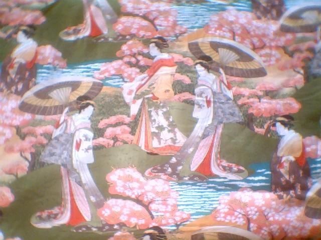 Curtain Valance Fuji Afternoon Geisha green peach cherry blossoms 