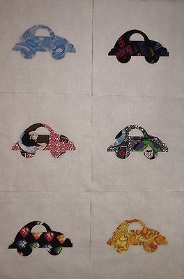 Quilt Blocks 6 PreCut 8.5 sq BEATLES CAR VW Beetle Cotton Appliques 