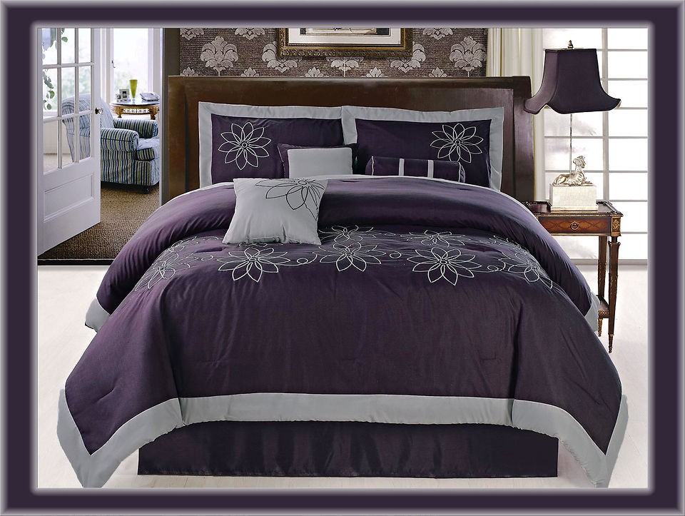   Pcs Embroidered Sunflower Comforter Set Bed In A Bag Queen Purple/Grey