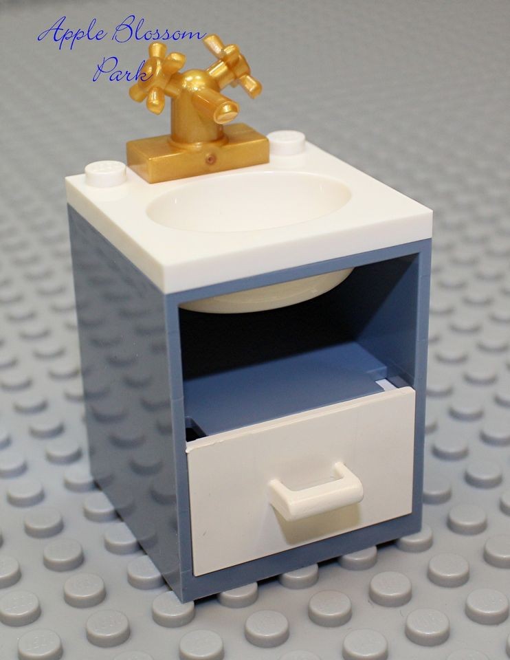 NEW Lego Belville BATHROOM SINK Sand Blue w/Gold Faucet & White Basin 