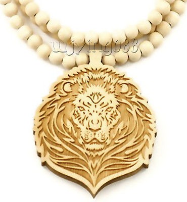   Hip Hop Good Wood Lion Pendant Wooden Color 8mm Beads Necklace GN15W