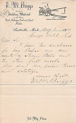 1900 Letter EM Briggs Scottsville MI Building Materials