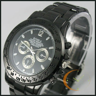 ROSRA JP Quartz Black Steel Mens Sports Watch Classic Style