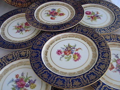 ANTIQUE set 12 PARAGON fine bone china DINNER PLATES cobalt blue gold 