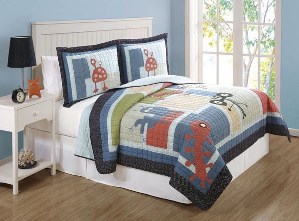 BOYS KIDS WIGGLE WORM BUGS FULL QUEEN HAND PIECED EMBROIDERY QUILT SET 