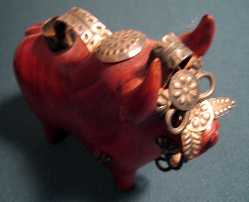 Rare Vintage Ornate Rosewood Carving of Bull with Applied Sterling 