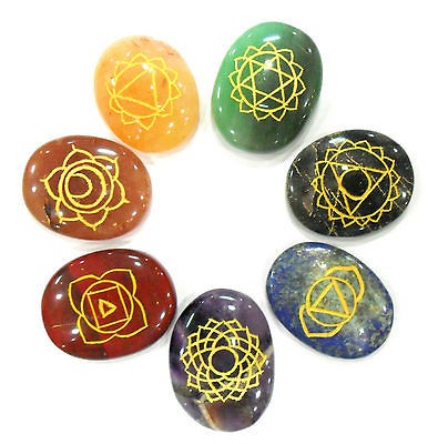 CHAKRA REIKI SYMBOLS ENGRAVED ON 7   DIFFERENT CHAKRA STONE SSET